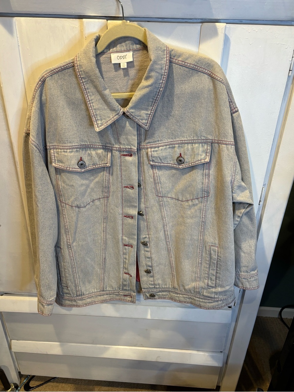 ODDY Light Blue Oversized Denim Jacket with Subtle Red Stitching